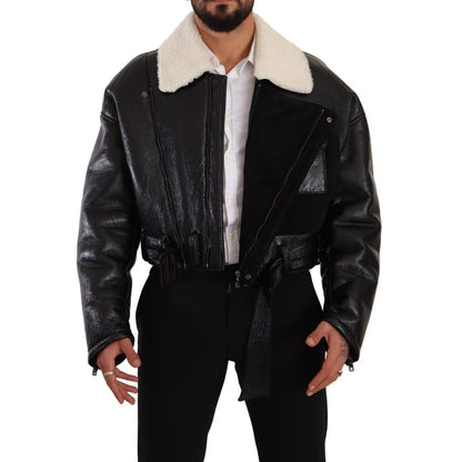 Dolce & Gabbana Black Leather Shearling Biker Coat Jacket