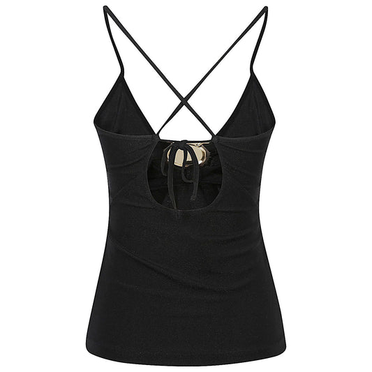 Emporio Armani Sea clothing Black top with V-neck, logo ring, crossed straps, sleeveless design, featuring luminous lurex fabric.