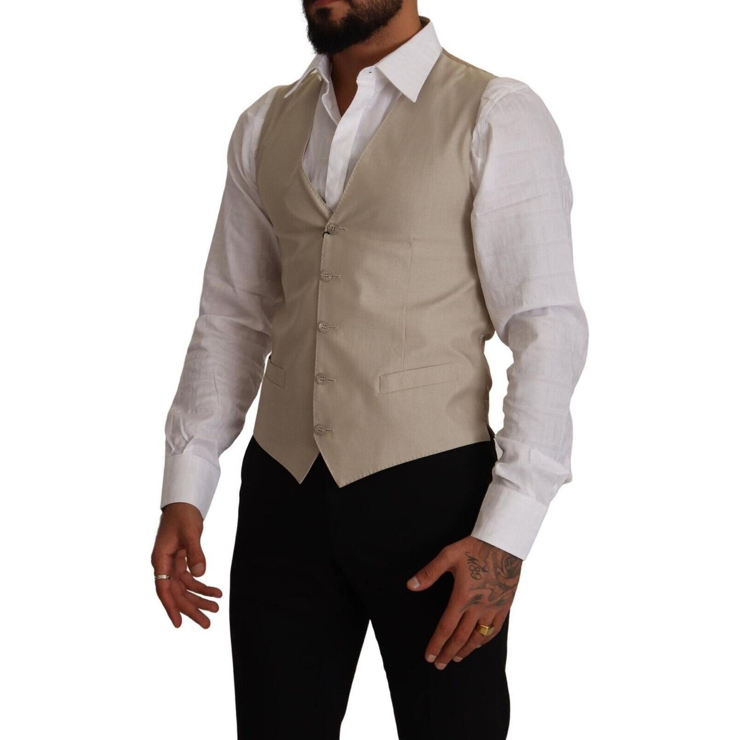 Dolce & Gabbana Beige Cotton Silk Slim Fit Waistcoat Vest TSH7651 - 48