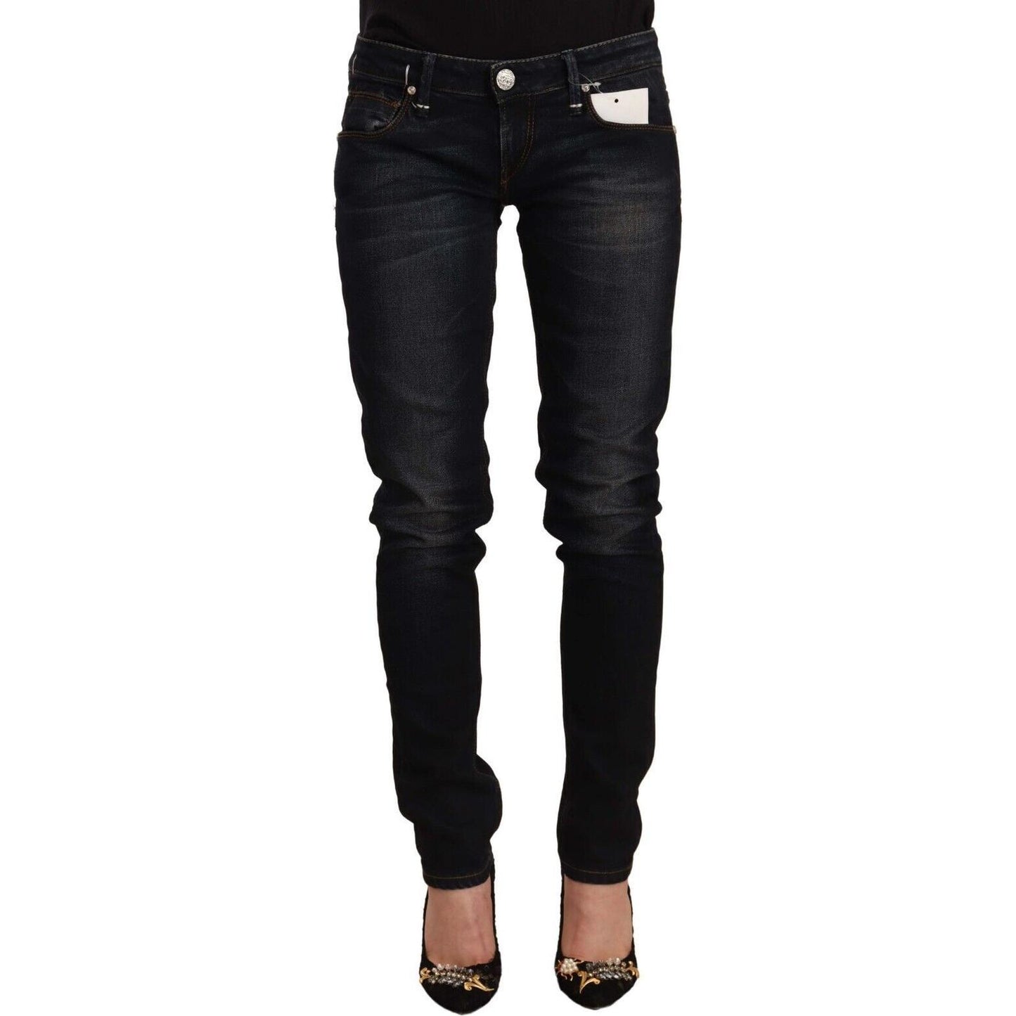 Acht Black Washed Cotton Low Waist Slim Fit Denim Jeans