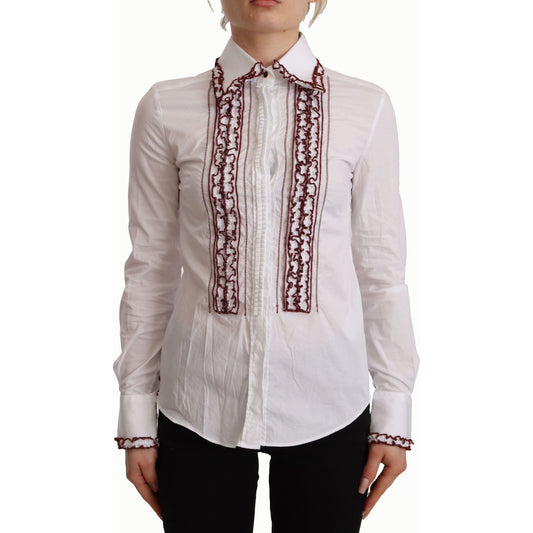 Dolce & Gabbana White Cotton Lace Long Sleeves Ruffle Collar Top Shirt TSH7463 - 36