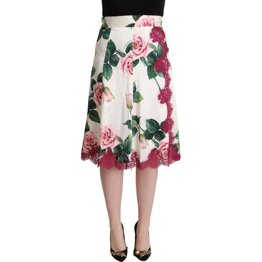 Dolce & Gabbana White Rose Print High Waist Midi A-line Skirt SKI1806 - 36
