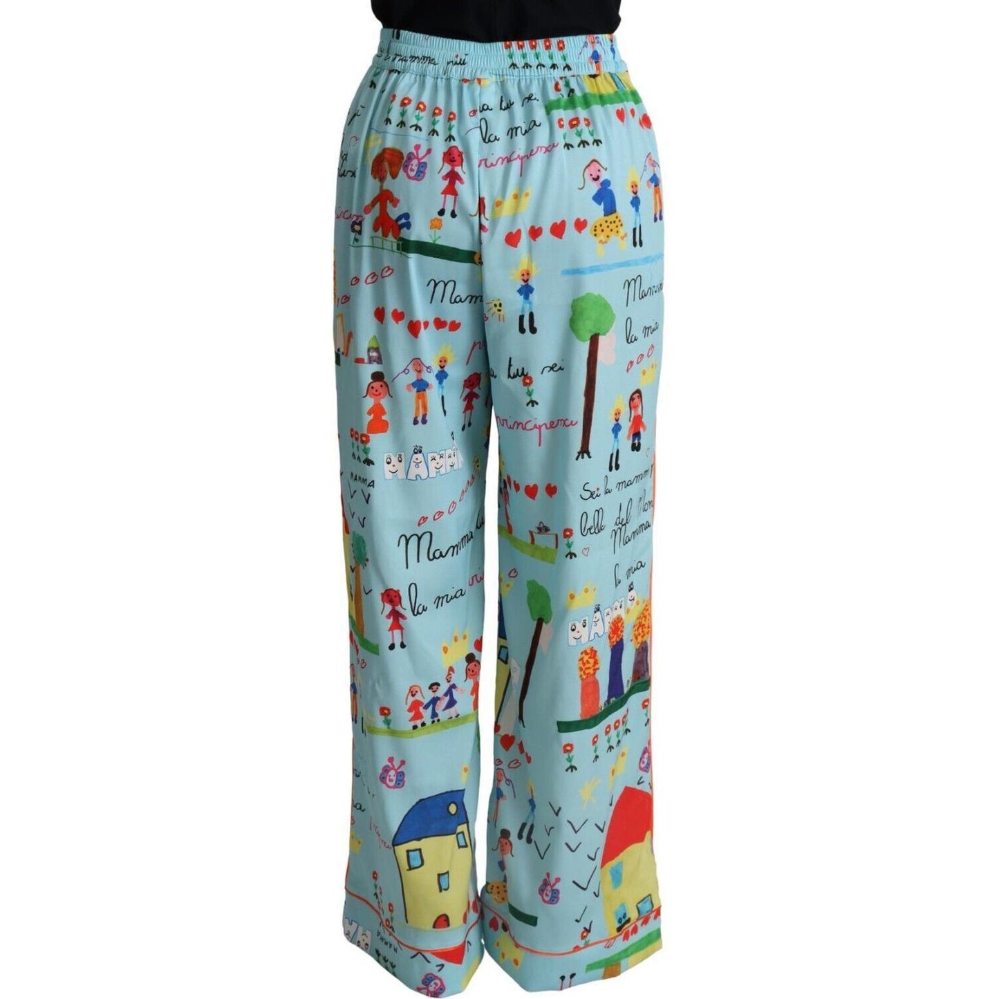 Dolce & Gabbana Light Blue Drawing Mid Waist Wide Leg Pants