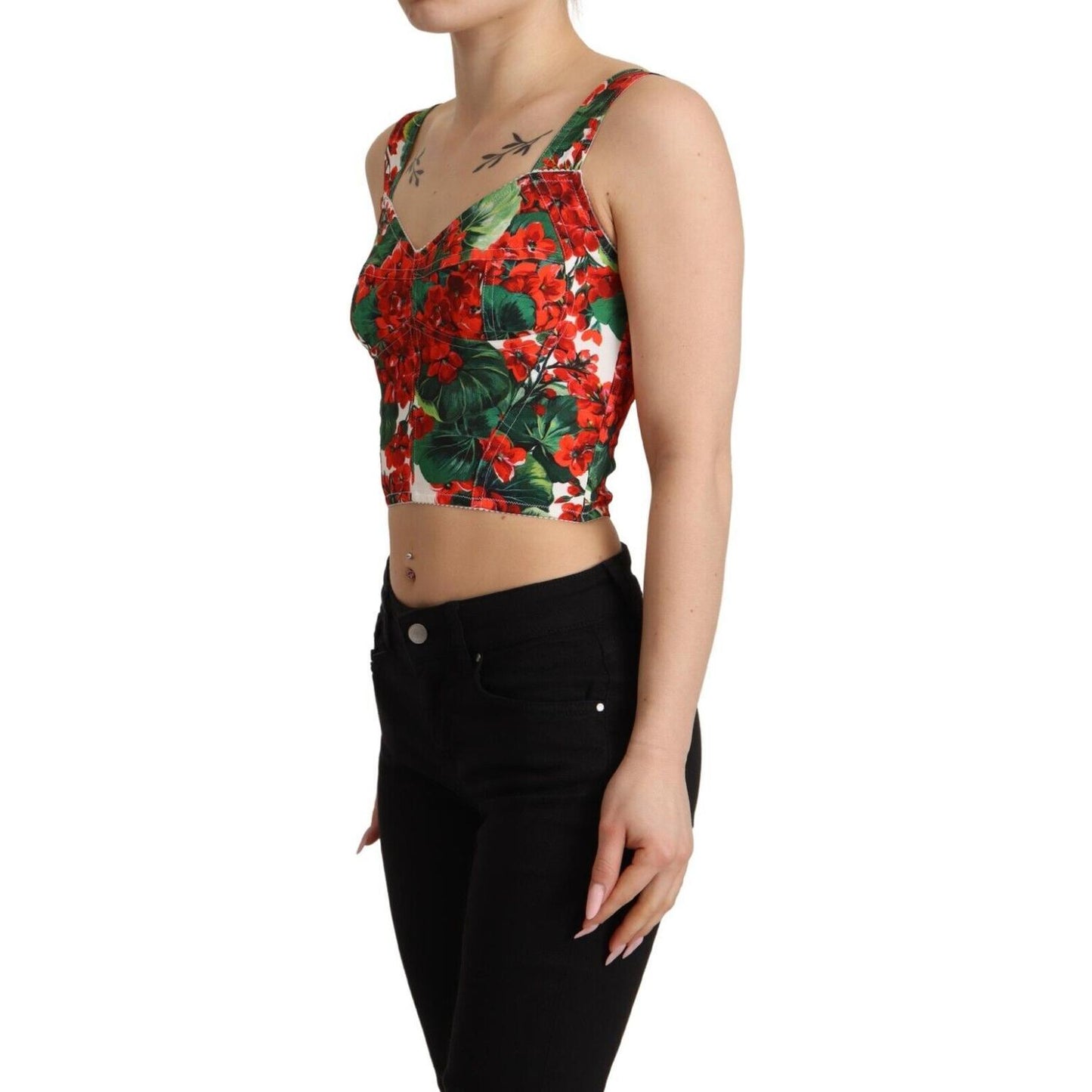 Dolce & Gabbana Red Geranium Print Viscose Sweetheart Cropped Top