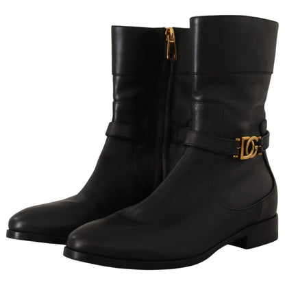 Dolce & Gabbana Black Leather Flats Logo Short Boots Shoes