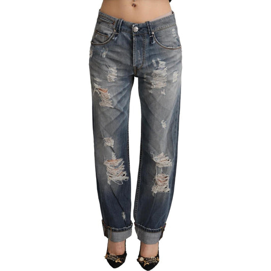 Acht Blue Tattered Mid Waist Straight Denim Cotton Jeans
