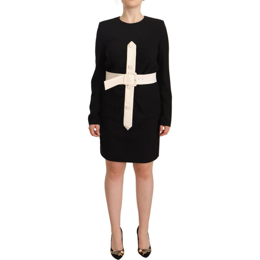 Givenchy Black Wool Long Sleeves Belted Mini Sheath Dress