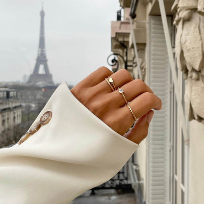 Elegant hand wearing rings with the Eiffel Tower in the background, showcasing 24KAE JEWELS JEWELRY Mod. 12417S/54.