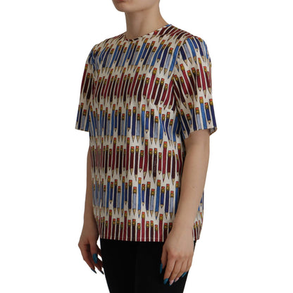 Dolce & Gabbana White Pencil Print Cotton T-shirt Blouse