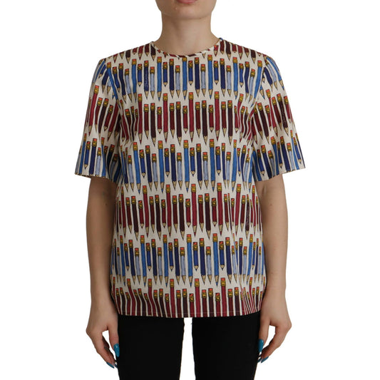 Dolce & Gabbana White Pencil Print Cotton T-shirt Blouse TSH7836- 40