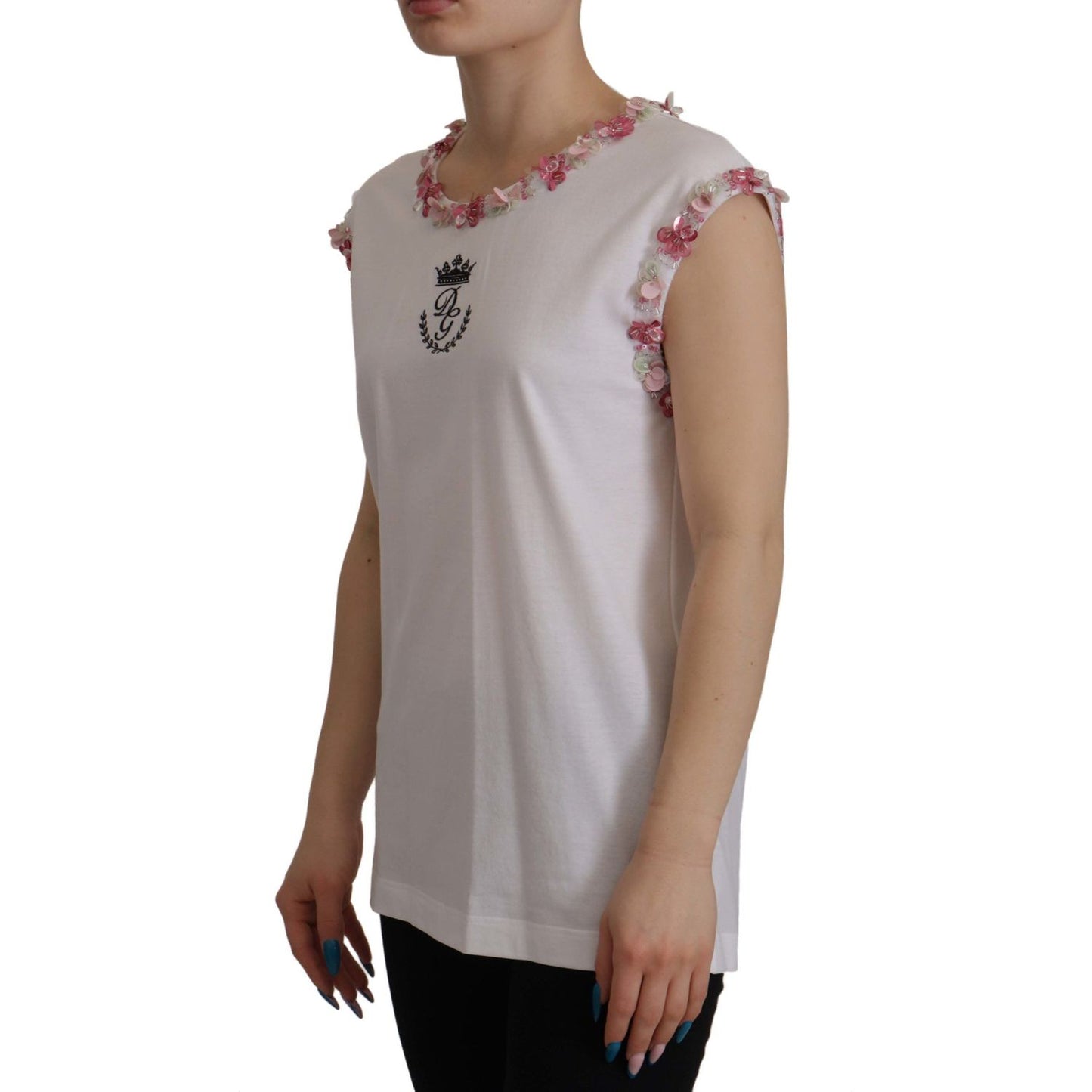 Dolce & Gabbana White DG Crown Floral Sequin T-shirt TSH7840- 38