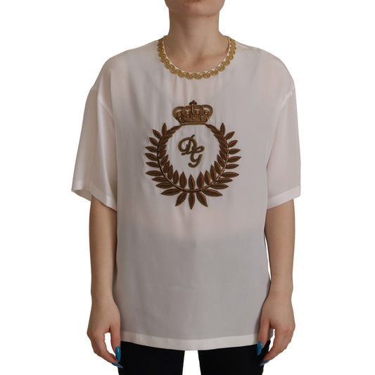 Dolce & Gabbana White Silk Gold DG Crown Crystal Blouse Top TSH7844- 36