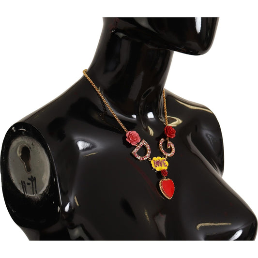 Dolce & Gabbana Gold Rose Love Crystal Charm Chain Necklace Necklace