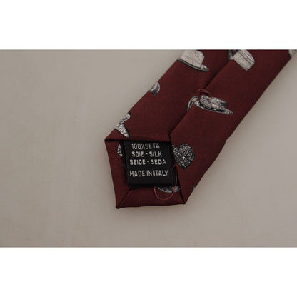 Dolce & Gabbana Maroon Hat Pattern 100% Silk Adjustable Accessory Tie