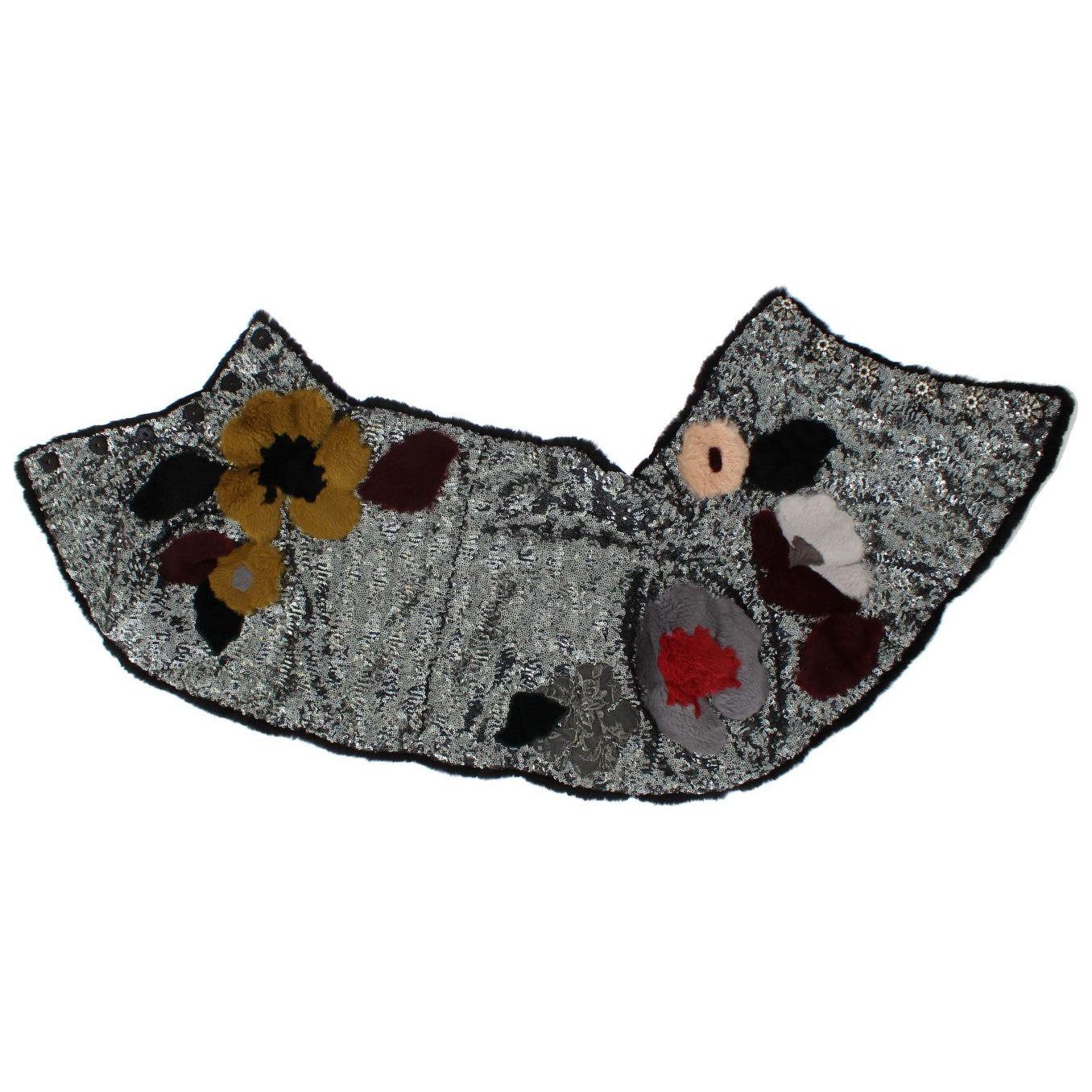 Dolce & Gabbana Silver Sequined Floral Weasel Fur Shoulder Scarf Wrap