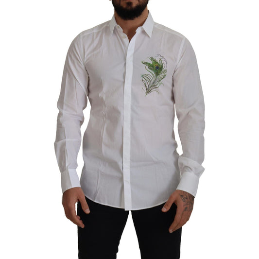 Dolce & Gabbana White Cotton Peacock Feather Formal GOLD Shirt TSH7502- 41