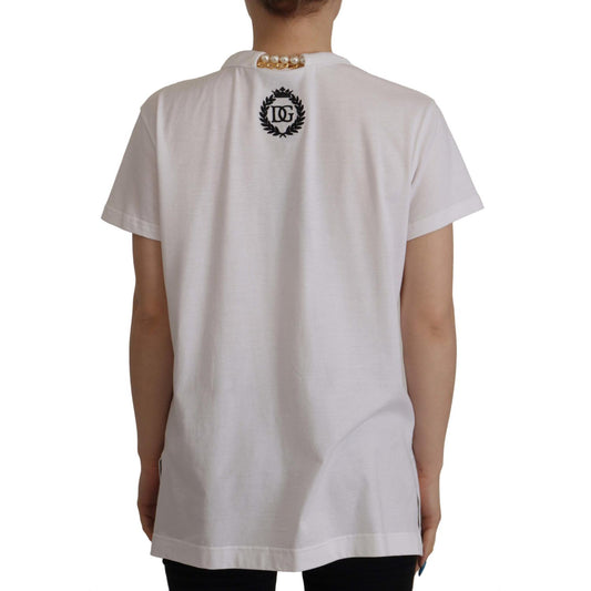 Dolce & Gabbana White Necklace Embellished Neckline T-shirt Top TSH7858- 40