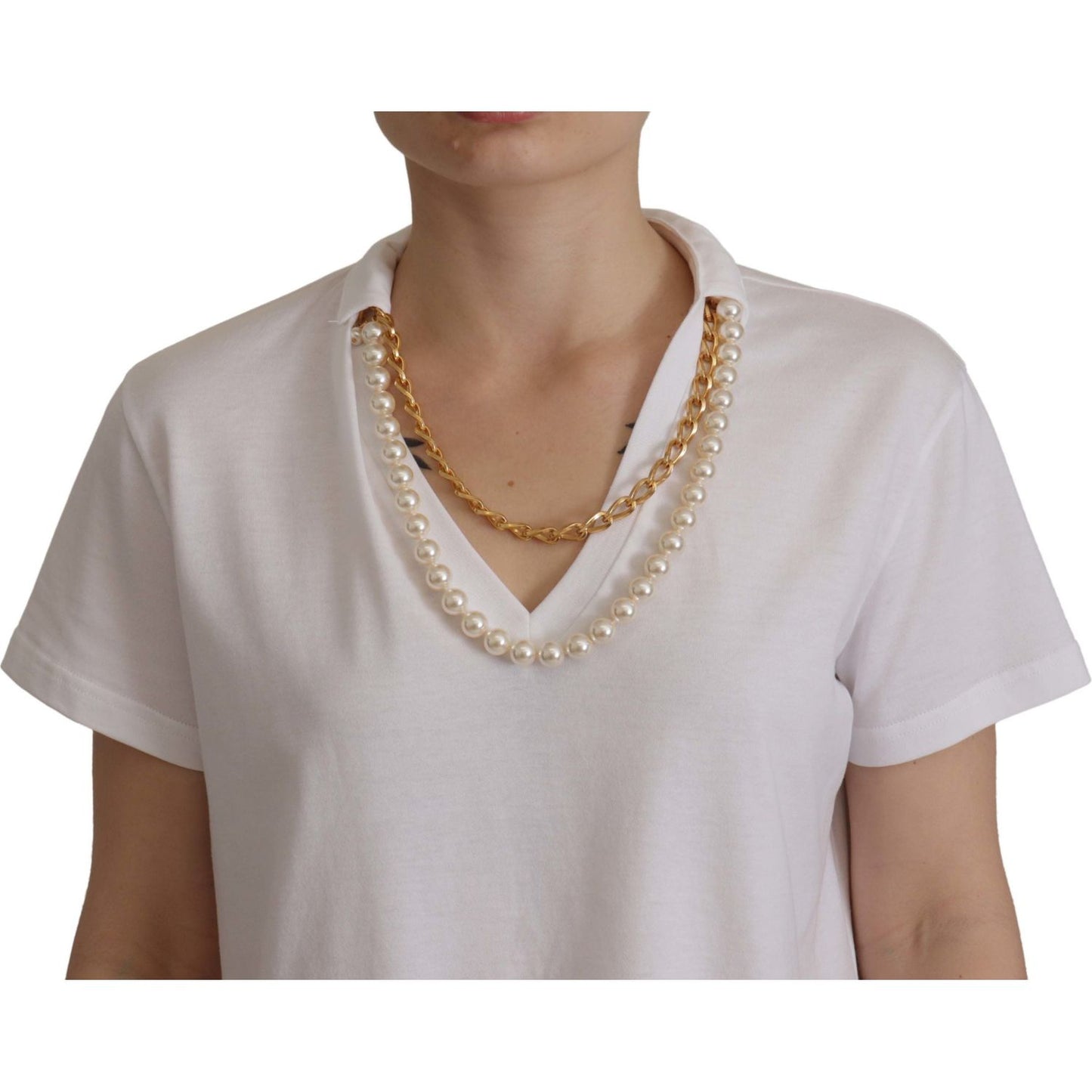 Dolce & Gabbana White Necklace Embellished Neckline T-shirt Top