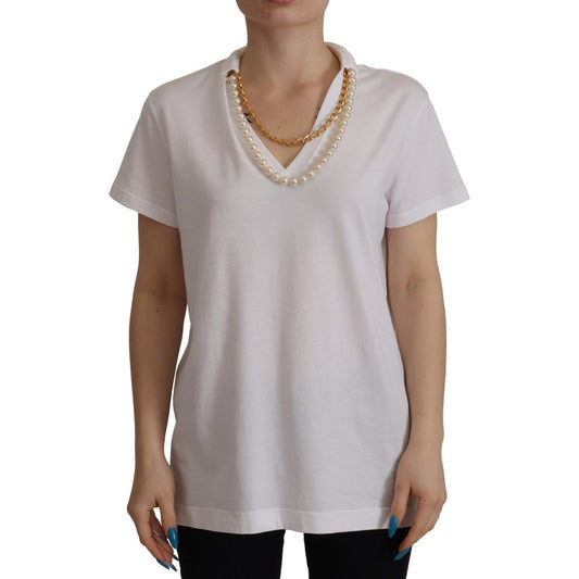 Dolce & Gabbana White Necklace Embellished Neckline T-shirt Top TSH7858- 40