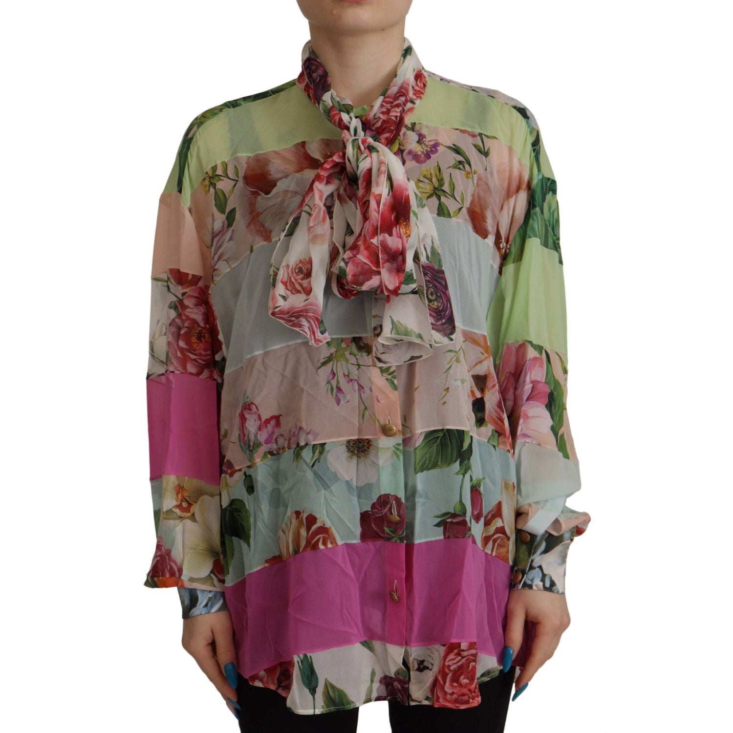 Dolce & Gabbana Multicolor  Floral Patchwork Design Ascot Collar Top Blouse