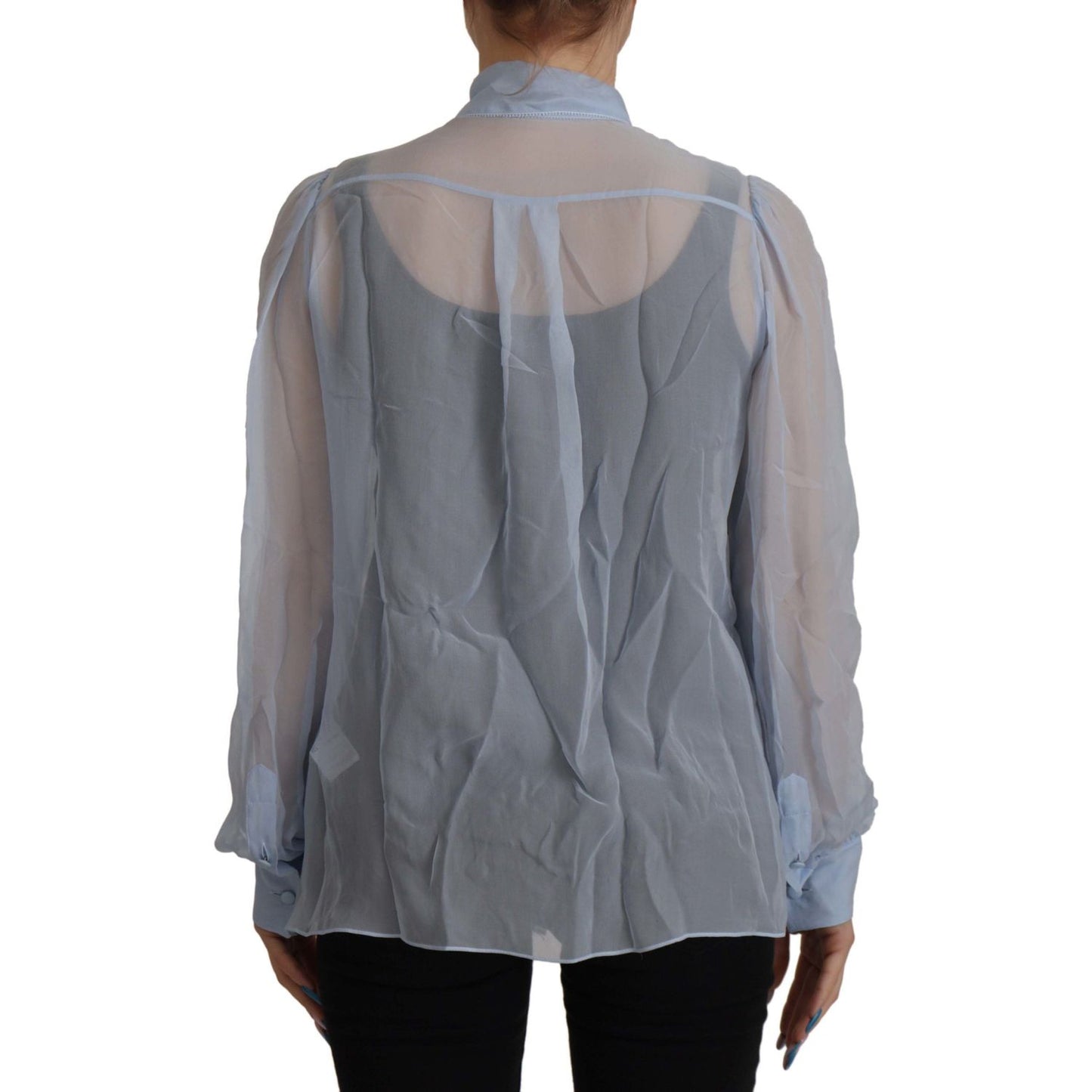 Dolce & Gabbana Light Blue Silk Ascot Collar Long Sleeves Top