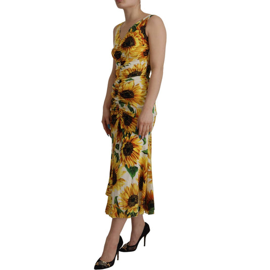 Dolce & Gabbana White Sunflower Print Sheath Midi Silk DR28741 - 36