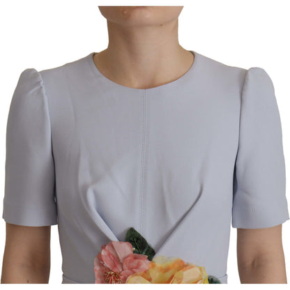 Dolce & Gabbana Blue Floral Applique Midi Viscose Dress