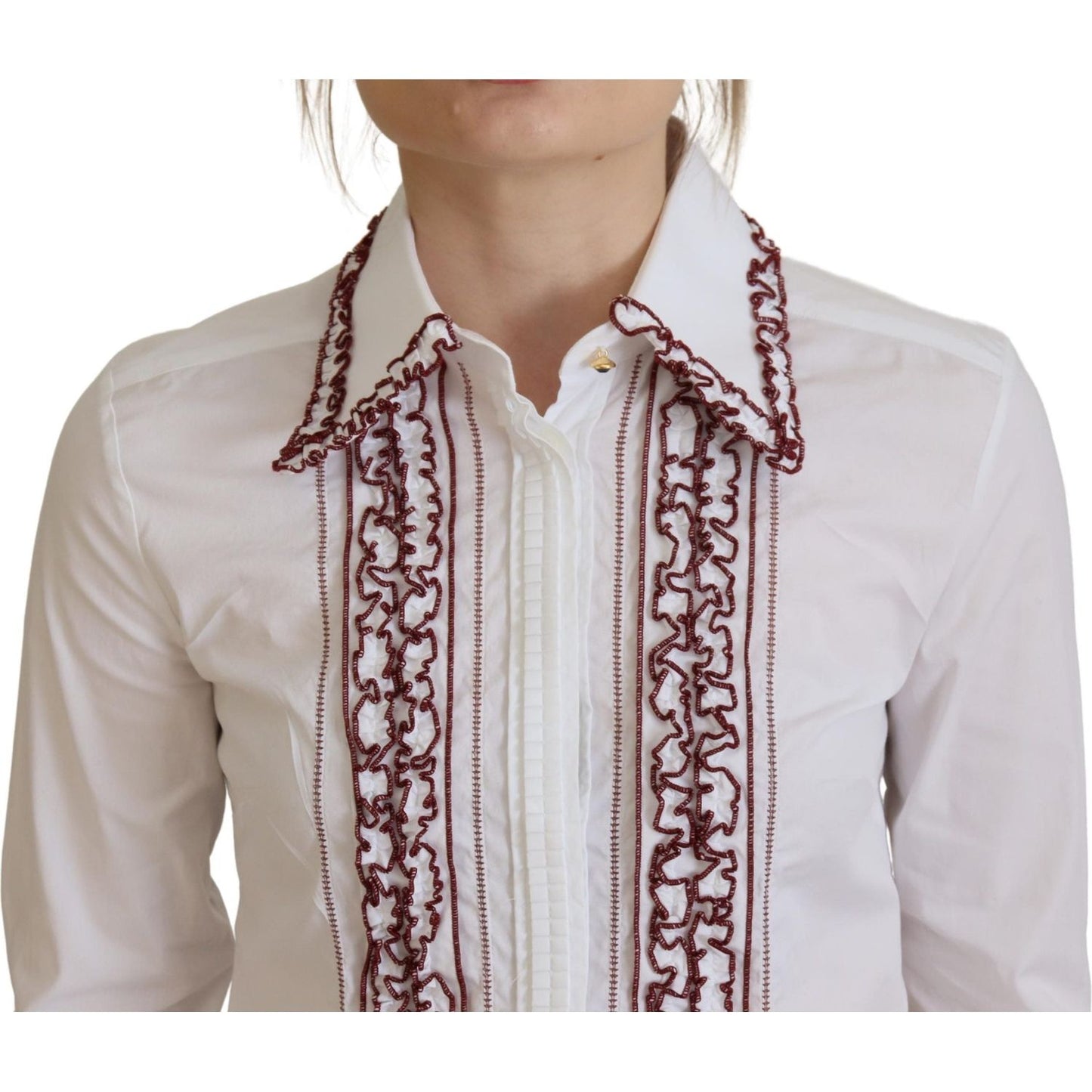 Dolce & Gabbana White Lace Long Sleeves Ruffle Collar Top