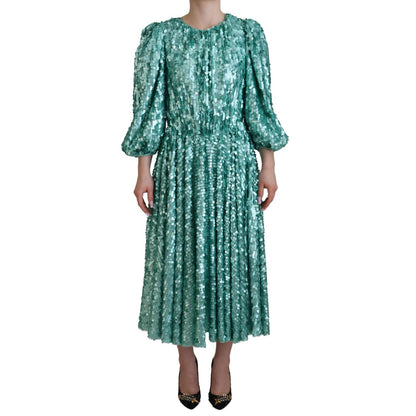 Dolce & Gabbana Blue Sequined Pleated Aline Midi Nylon Dress
