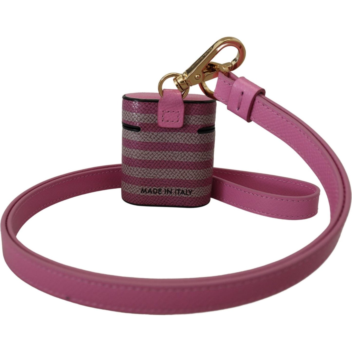 Dolce & Gabbana Pink Black Leather Strap Gold Metal Logo Airpods Case