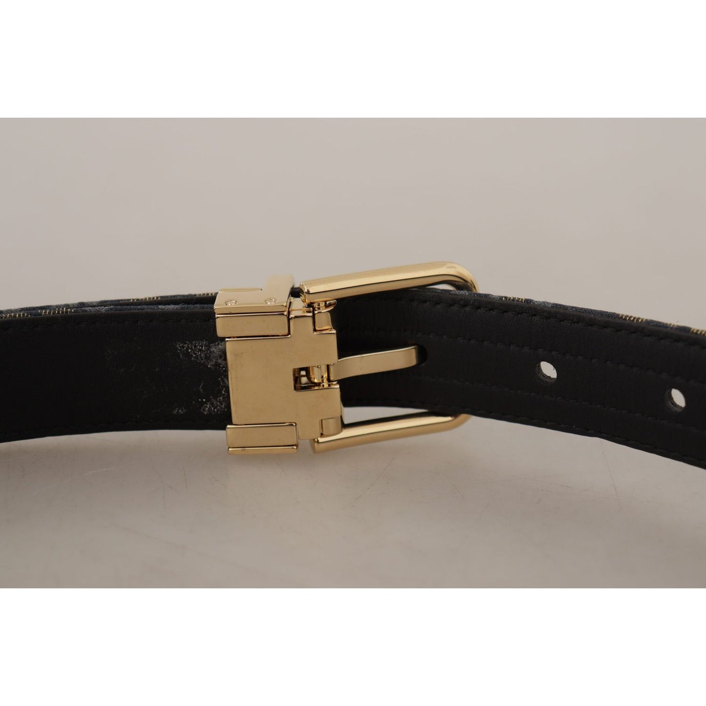 Dolce & Gabbana Navy Blue Jacquard Gold Tone Logo Metal Buckle Belt