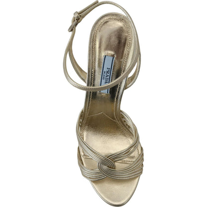 Prada Gold Leather Sandals Ankle Strap Heels Stiletto Sandal