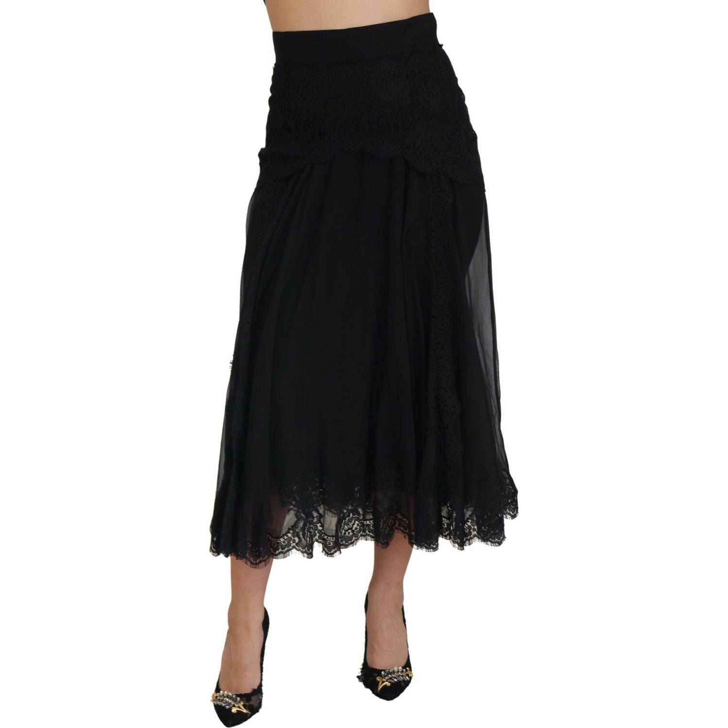 Dolce & Gabbana Black Silk Lace Trim High Waist Midi Skirt