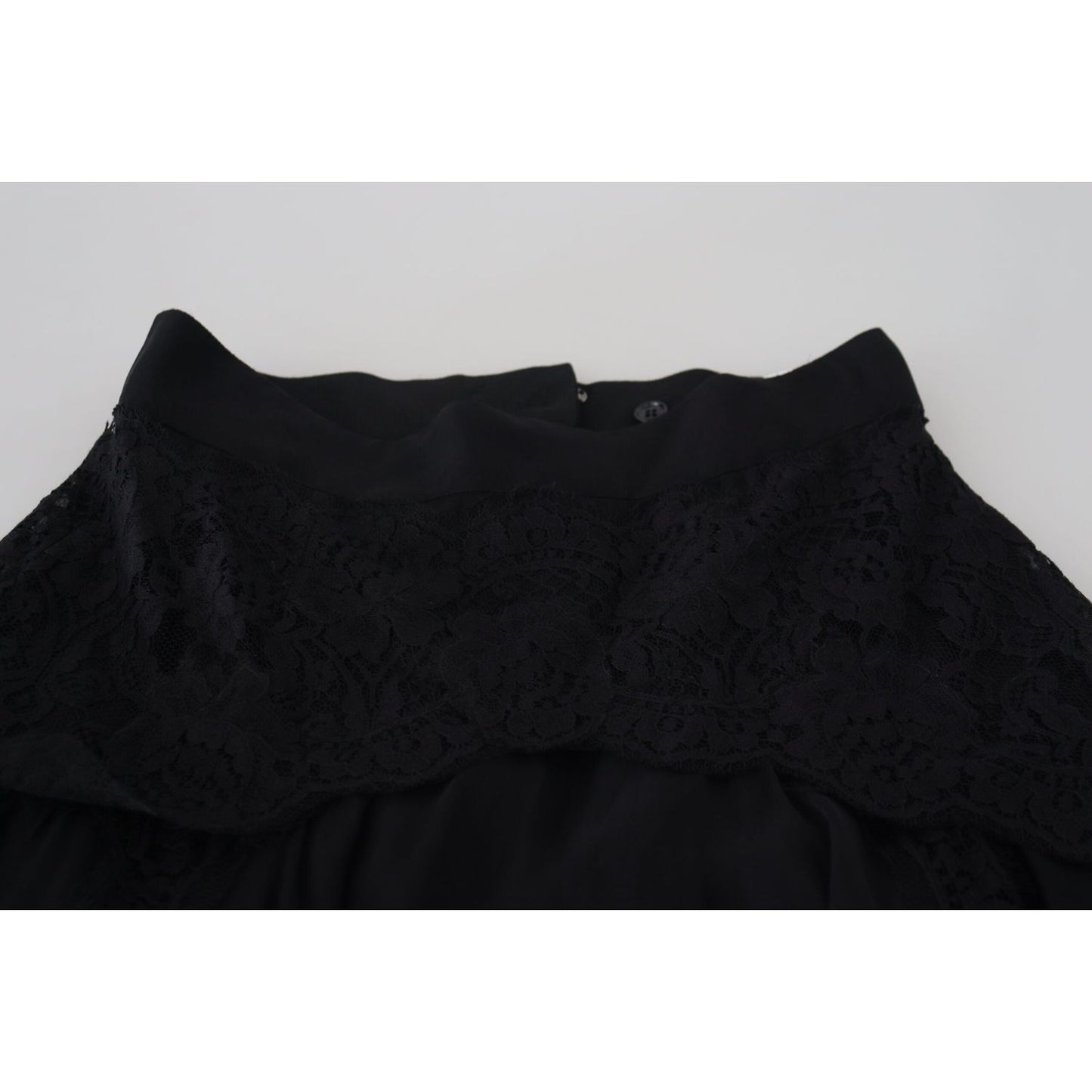 Dolce & Gabbana Black Silk Lace Trim High Waist Midi Skirt