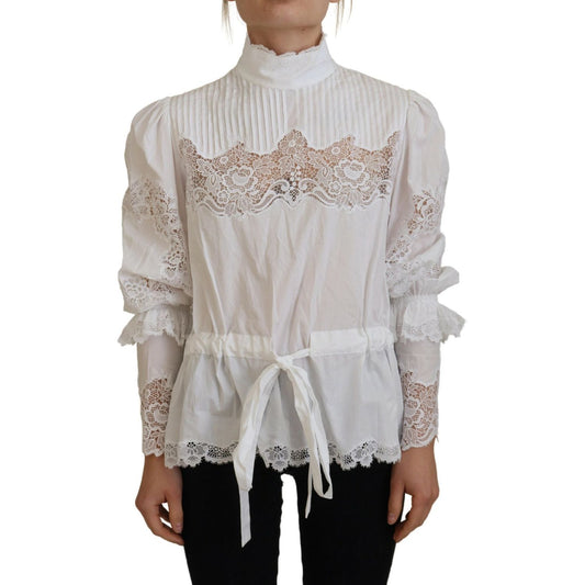 Dolce & Gabbana White Cotton Lace Trim Turtle Neck Blouse Top TSH83731- 40