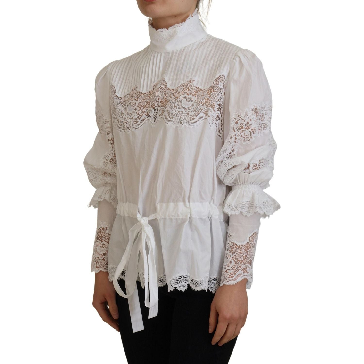 Dolce & Gabbana White Cotton Lace Trim Turtle Neck Blouse Top