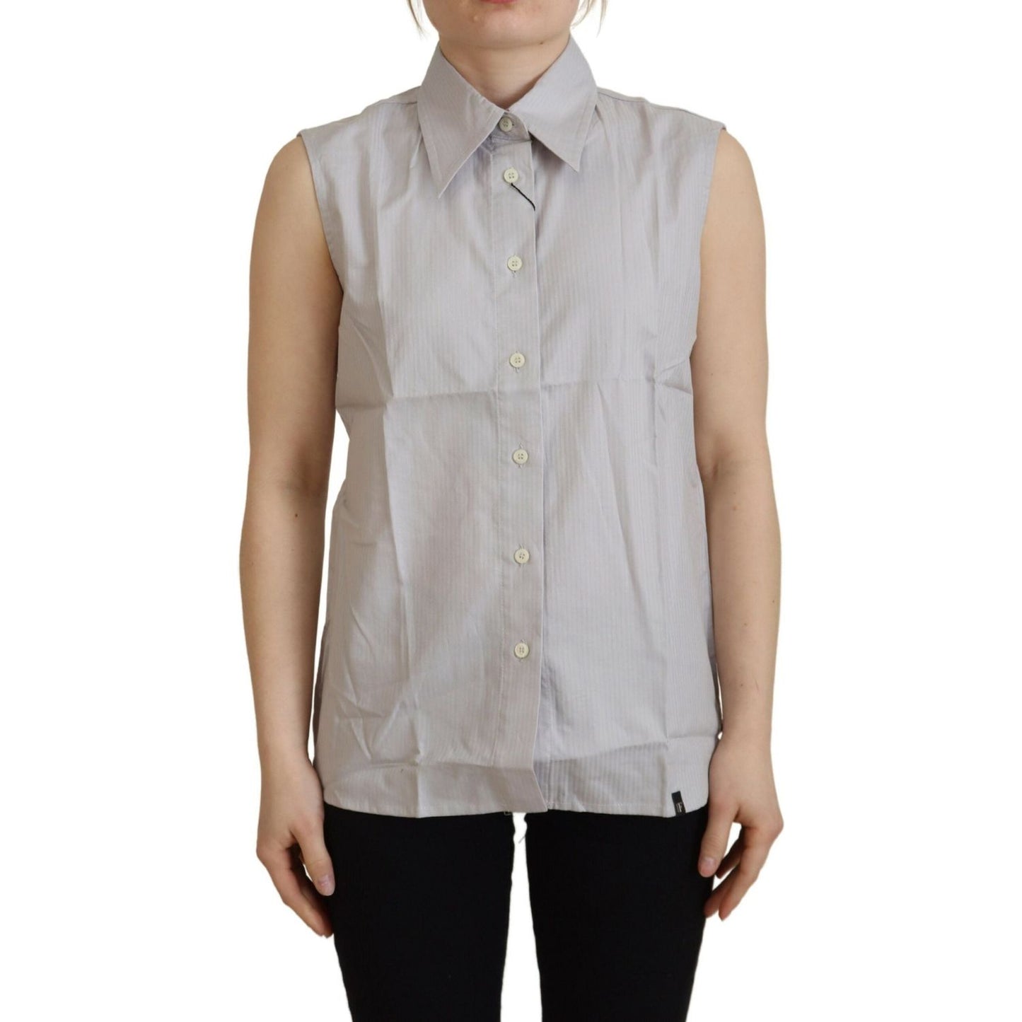 Ferre Light Gray Stripes Cotton Sleeveless Collared Top1728,67345645728,Clothing,Ferre,Gray,IT40|S,Material: 100% Cotton,New with tags,Sleeveless - T-Shirts - Clothing,T-Shirts - Clothing,Tops & T-Shirts - Women - Clothing,Women,Women - Clothing