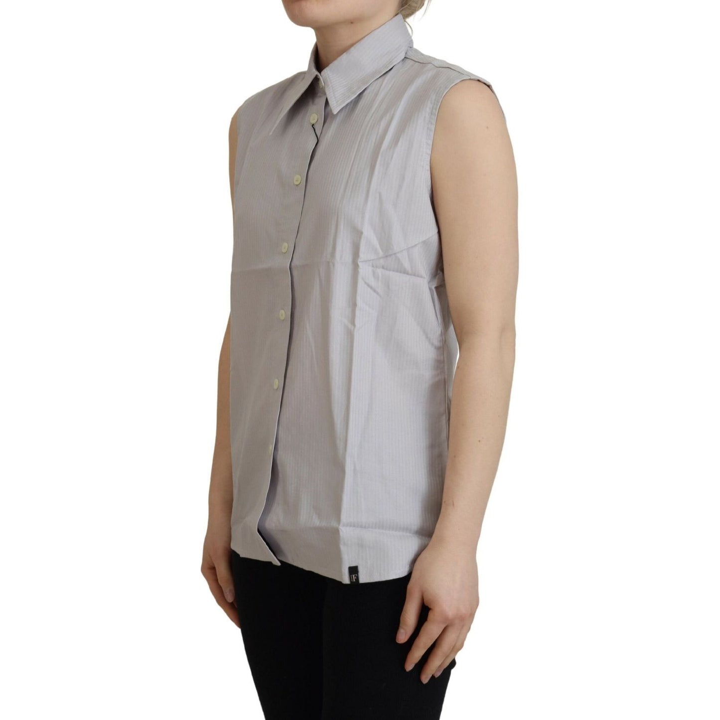 Ferre Light Gray Stripes Cotton Sleeveless Collared Top1728,67345645728,Clothing,Ferre,Gray,IT40|S,Material: 100% Cotton,New with tags,Sleeveless - T-Shirts - Clothing,T-Shirts - Clothing,Tops & T-Shirts - Women - Clothing,Women,Women - Clothing