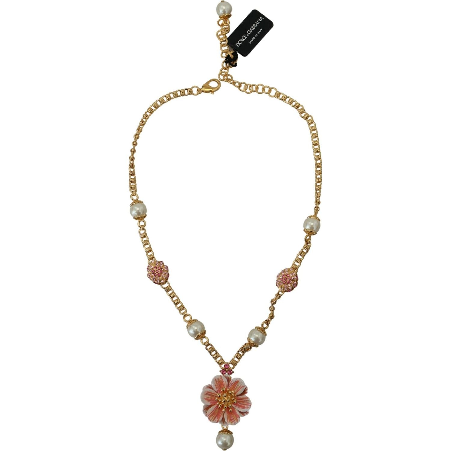 Dolce & Gabbana Gold Tone Floral Crystals Pink Embellished Necklace