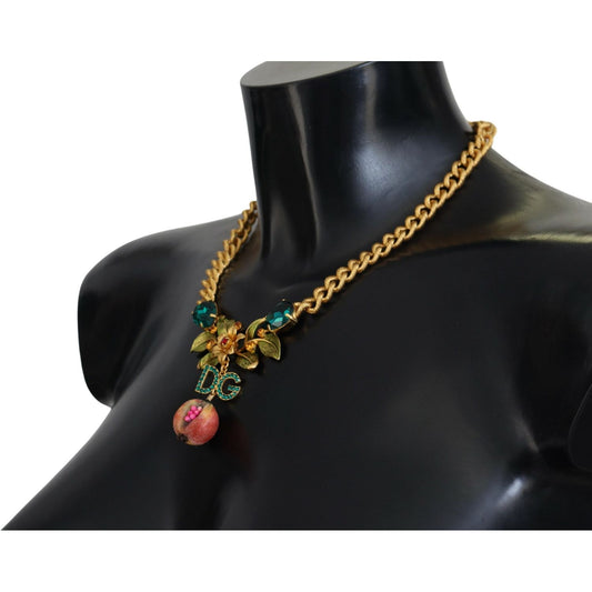 Dolce & Gabbana Gold Brass Crystal Logo Fruit Floral Statement Necklace Necklace