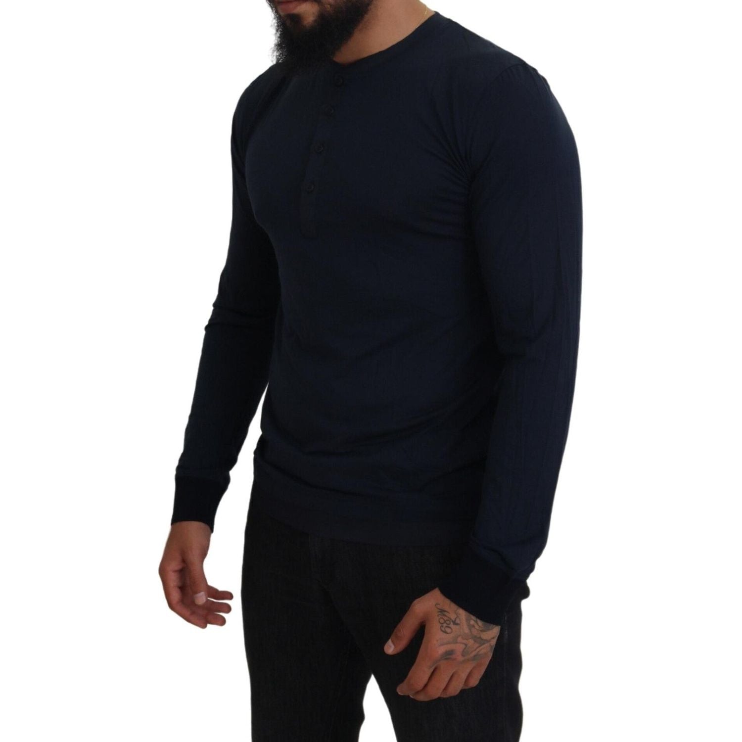 Dolce & Gabbana Blue Cotton Button Crewneck Pullover Sweater