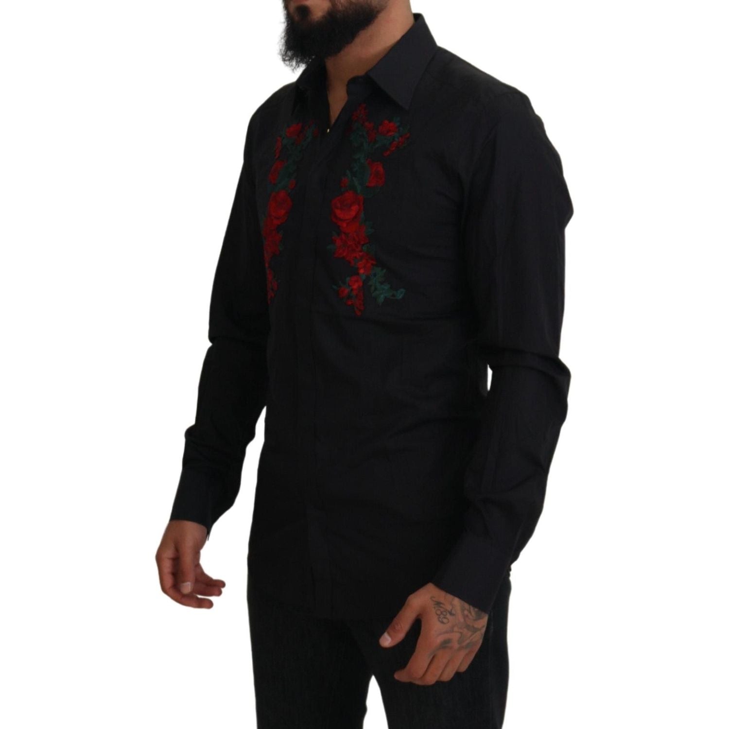 Dolce & Gabbana Black Floral Embroidery Men Long Sleeves GOLD Shirt