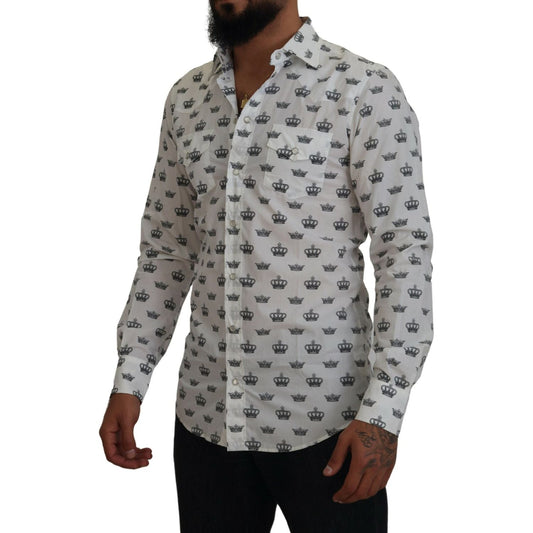 Dolce & Gabbana White Crown Print Slim Fit Cotton Shirt TSH83872- 37
