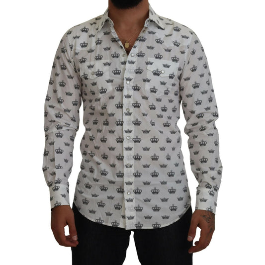 Dolce & Gabbana White Crown Print Slim Fit Cotton Shirt TSH83872- 37