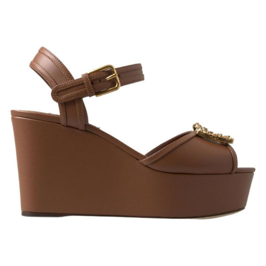 Dolce & Gabbana Brown Leather AMORE Wedges Sandals Shoes LA10214-35.5