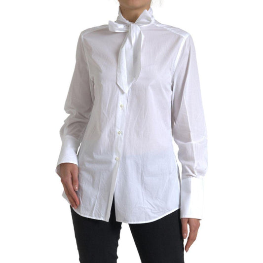 Dolce & Gabbana White Cotton Ascot Collar Long Sleeves Top TSH84084-42