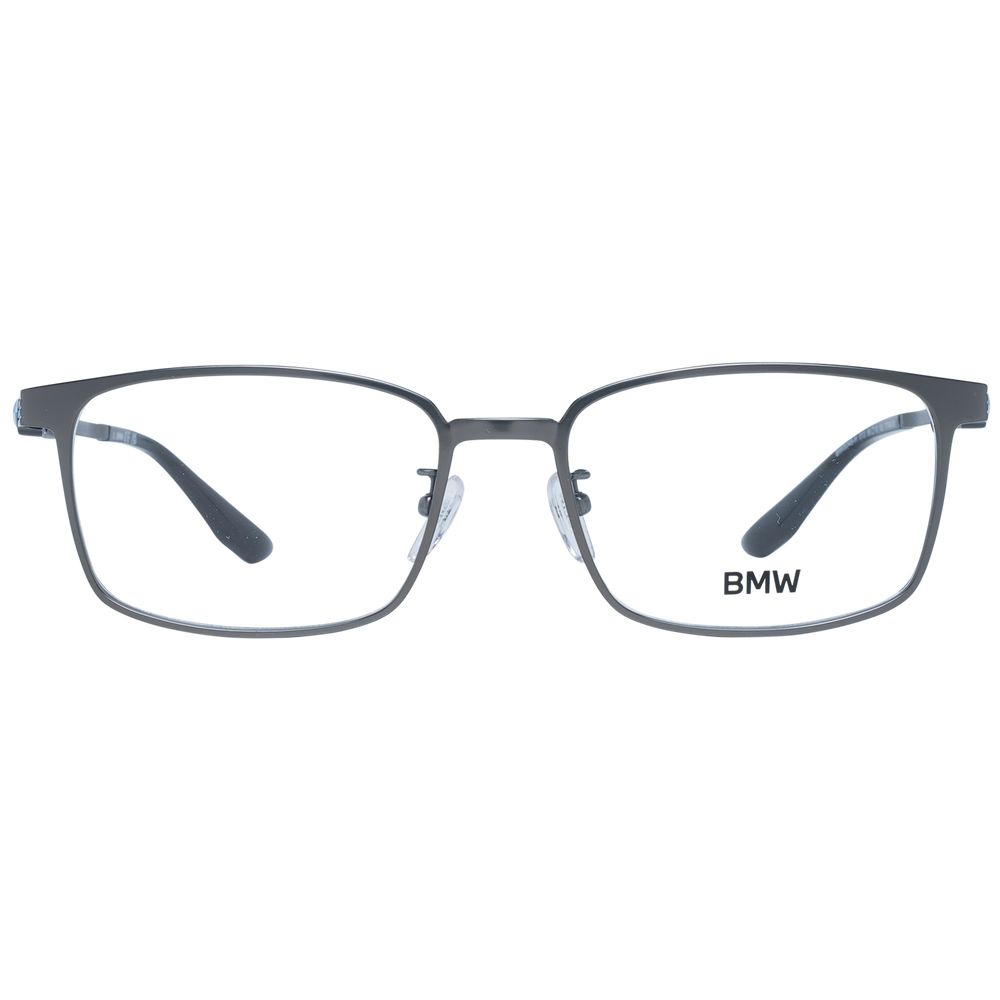 BMW Gray Men Glasses Frame with titanium full-rim in grey, rectangle style, demo lenses, featuring 56mm width and 38mm height.