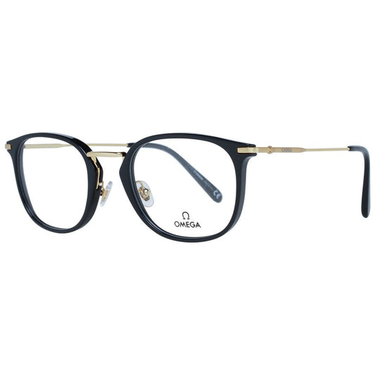 Omega Black Men Glasses Frame with full-rim style, metal & plastic material, black color, demo lenses, and branded case included.