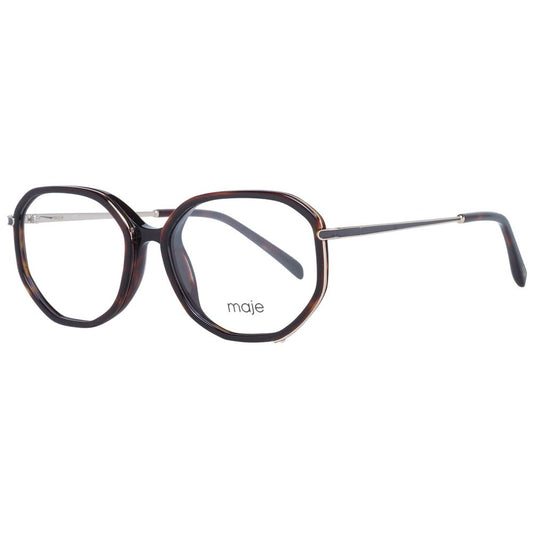 Maje Brown Women Glasses Frame in full-rim round style with brown plastic frame and demo lenses, size 51-15-135, includes branded case.