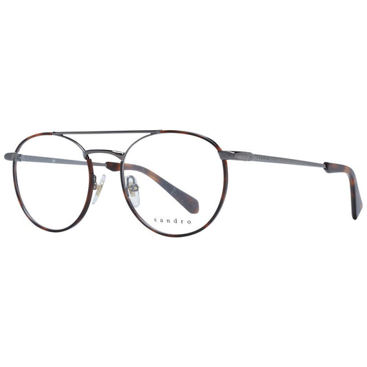 Sandro Gray Men Glasses Frame in gunmetal with round full-rim stainless steel design, demo lenses, size 54-18-145, branded case included.